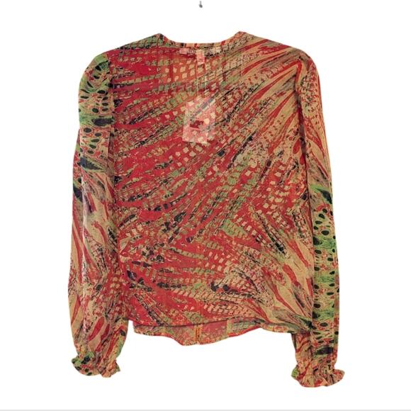 NWT Walter Baker Sheer Ruffle Abstract Red green Boho Blouse Top Medium - Picture 2 of 8